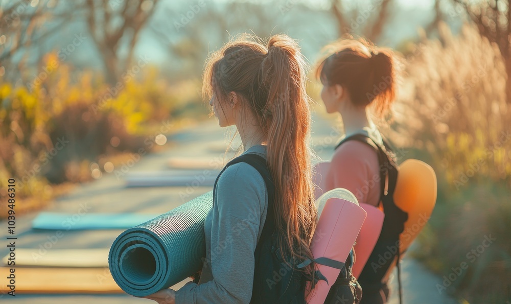 Women on a morning walk holding yoga mats, Generative AI