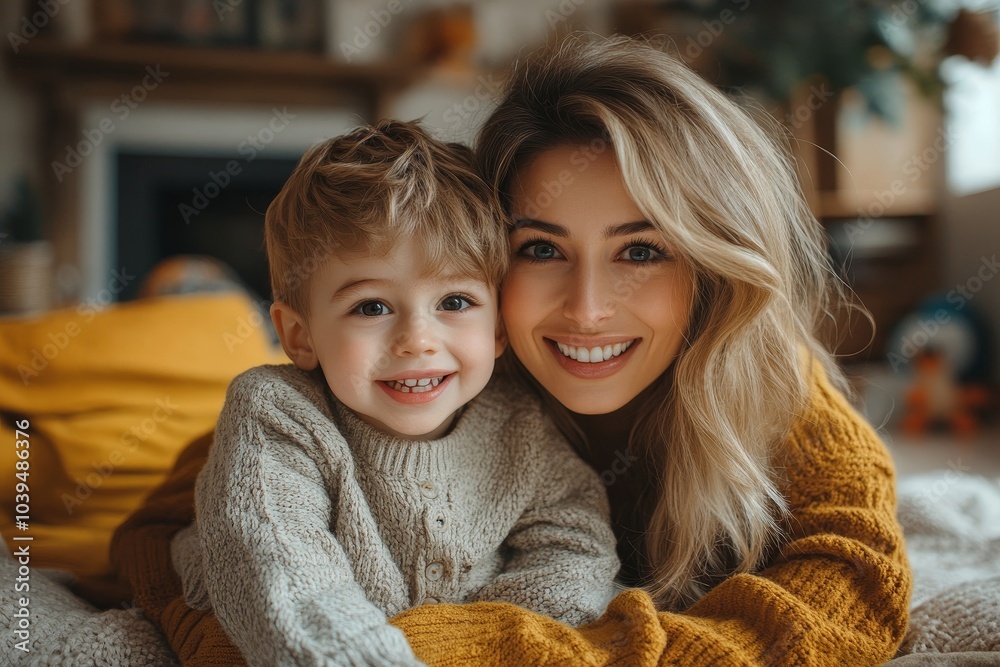 Little boy having fun with mother at home, Generative AI