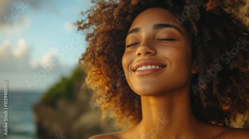 Obraz na płótnie Woman happily breathing in the fresh sea air, Generative AI w salonie
