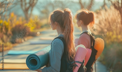 Obraz na płótnie Women on a morning walk holding yoga mats, Generative AI w salonie