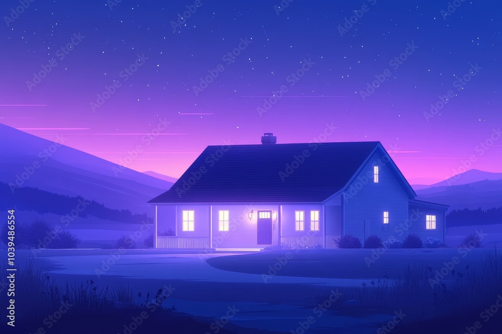 House with glowing windows set against a vivid blue and purple evening sky creating a serene yet mysterious atmosphere with soft magical lighting and rich twilight colors House with glowing windows set against a vivid blue and purple evening sky creating a serene yet mysterious atmosphere with soft magical lighting and rich twilight colors