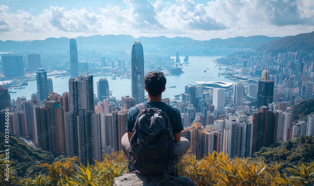 Man looking at the city view from mountain, Generative AI