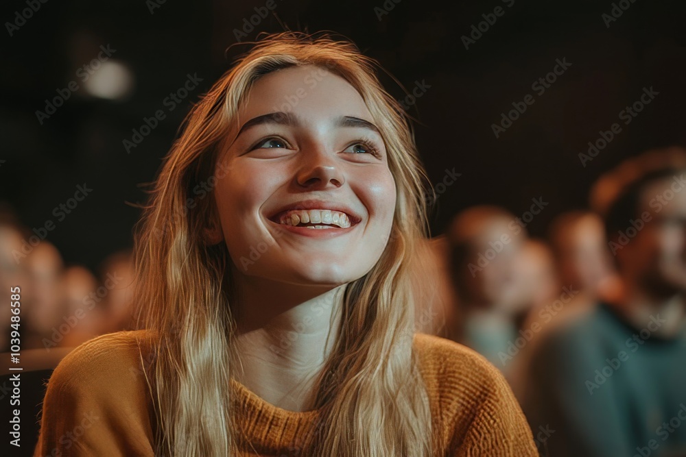 Laughing young people watching film in theater, Generative AI