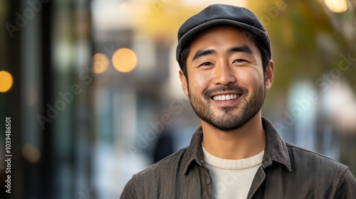 A man wearing a hat and a jacket is smiling. He is standing in front of a building