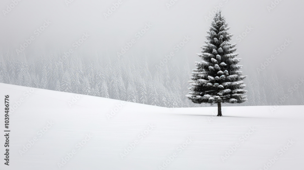 single snow covered pine tree stands tall in serene winter landscape, surrounded by blanket of white snow and misty backdrop of distant trees single snow covered pine tree stands tall in serene winter landscape, surrounded by blanket of white snow and misty backdrop of distant trees