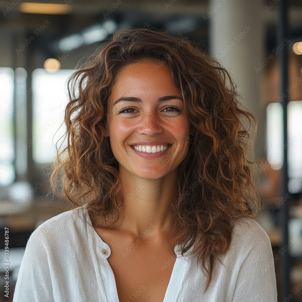 Creative businesswoman smiling cheerfully in a modern office, Generative AI