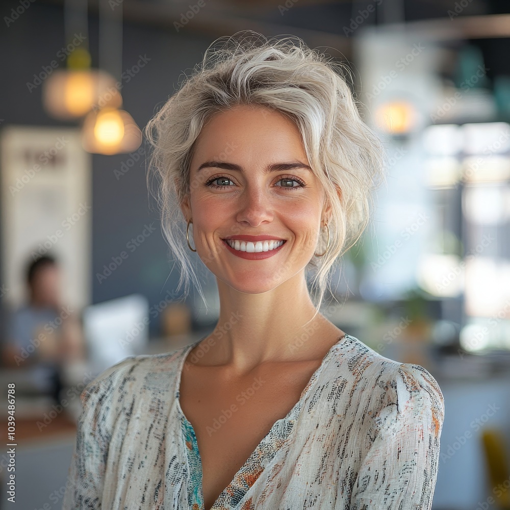 Creative businesswoman smiling cheerfully in a modern office, Generative AI