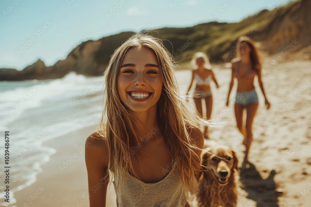 Happy friends having a walk on the beach, Generative AI