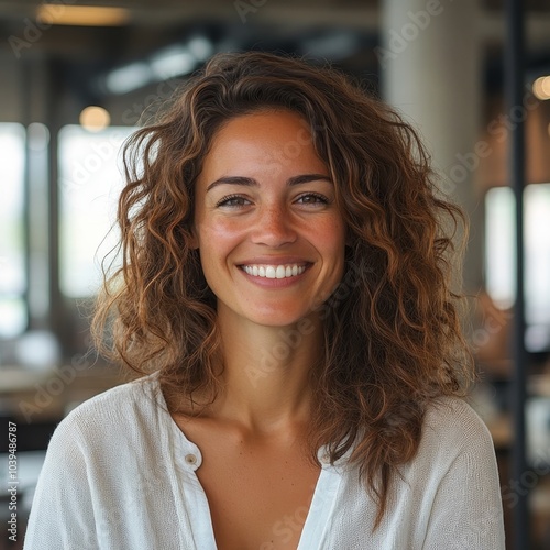 Creative businesswoman smiling cheerfully in a modern office, Generative AI