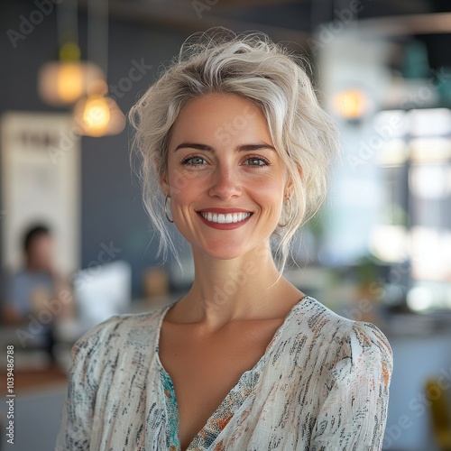 Obraz na płótnie Creative businesswoman smiling cheerfully in a modern office, Generative AI w salonie