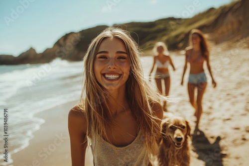 Obraz na płótnie Happy friends having a walk on the beach, Generative AI w salonie