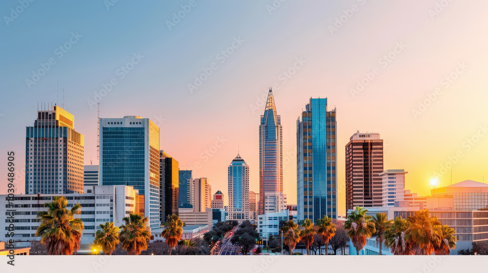 Obraz premium vibrant skyline filled with tall skyscrapers and palm trees, showcasing beautiful sunset over city. scene captures essence of urban life and architectural beauty