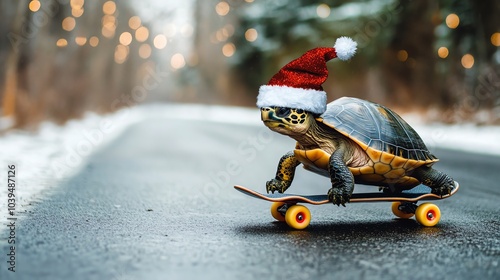 the image of a turtle wearing a Christmas hat on a skateboard, riding down a road