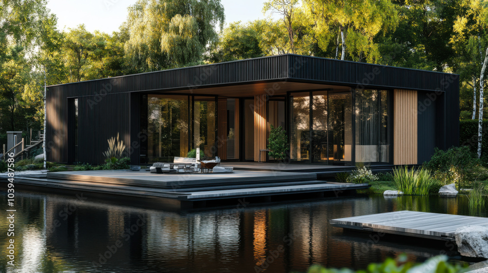 Modern black cabin surrounded by lush greenery and tranquil water during late afternoon sunlight Modern black cabin surrounded by lush greenery and tranquil water during late afternoon sunlight