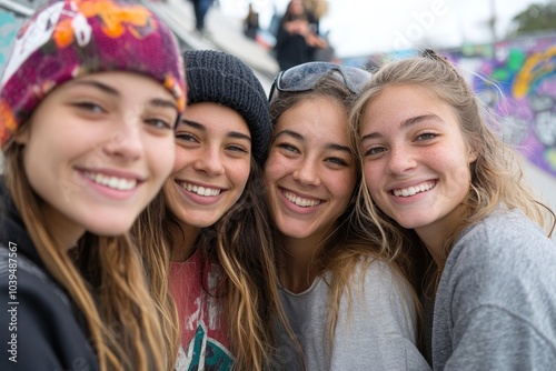 Group of smiling women at skate park, Generative AI