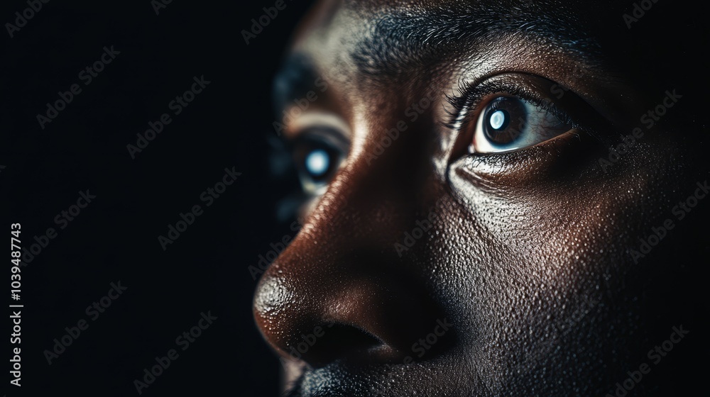 A tight shot of a man's blue eyes, expressing seriousness, in the darkness A tight shot of a man's blue eyes, expressing seriousness, in the darkness