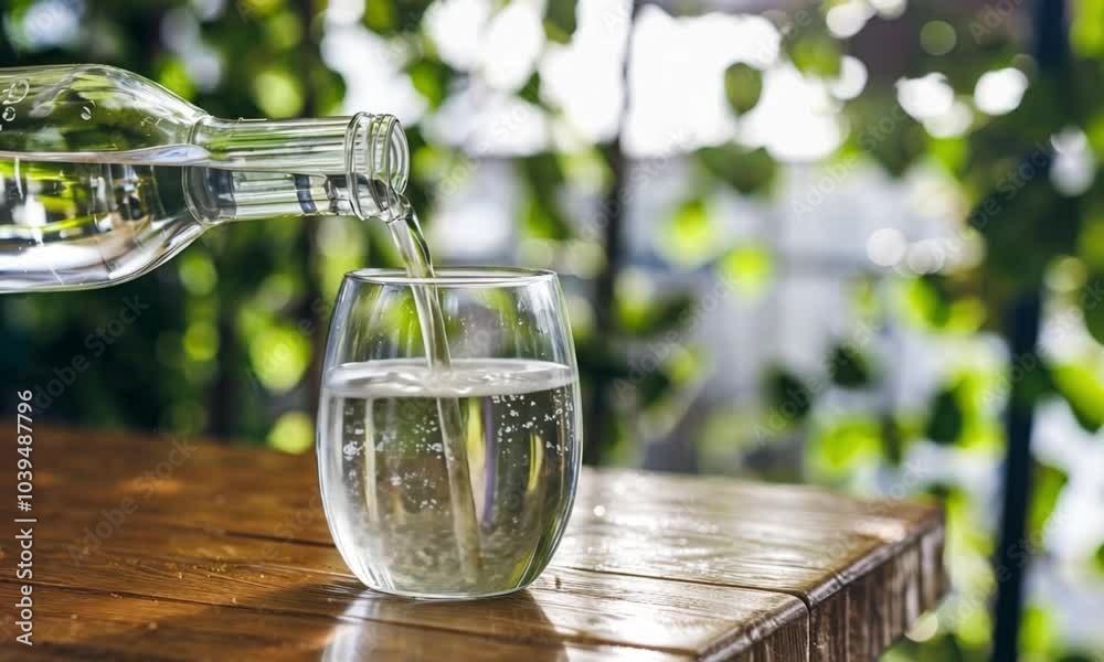 A glass of water is poured into a glass on a wooden table. The scene is peaceful and calming, with the water flowing smoothly into the glass A glass of water is poured into a glass on a wooden table. The scene is peaceful and calming, with the water flowing smoothly into the glass