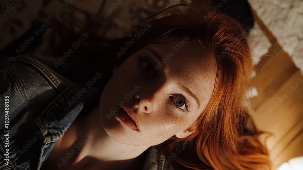 A woman in a red head of hair wears a denim jacket, gazing intently at the camera with a grave expression A woman in a red head of hair wears a denim jacket, gazing intently at the camera with a grave expression