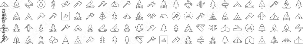 Bonfire, Axe, Tent, Tree, Knife Outline Image Collection. Editable Stroke. Perfect for Infographics, Articles, Books, Flyers, Banners