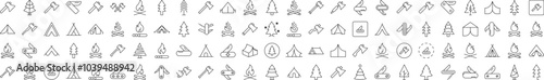 Bonfire, Axe, Tent, Tree, Knife Outline Picture Collection. Editable Stroke. Perfect for Infographics, Articles, Books, Flyers, Banners