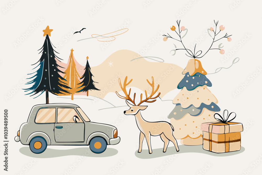 Naklejka premium Charming Winter Wonderland Scene with Car, Reindeer, and Christmas Trees