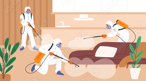 Specialists exterminate parasites in room. Pest control. Interior chemical treatment. Protective uniforms. Exterminators spray insecticide. Disinfect sprayer. Garish vector concept