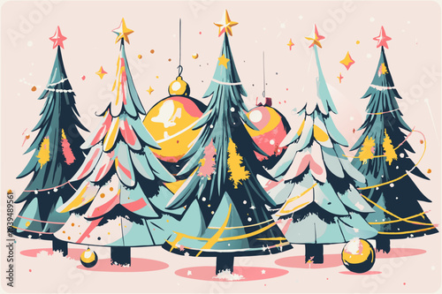 Enchanted Festive Christmas Trees with Vintage Ornaments Design