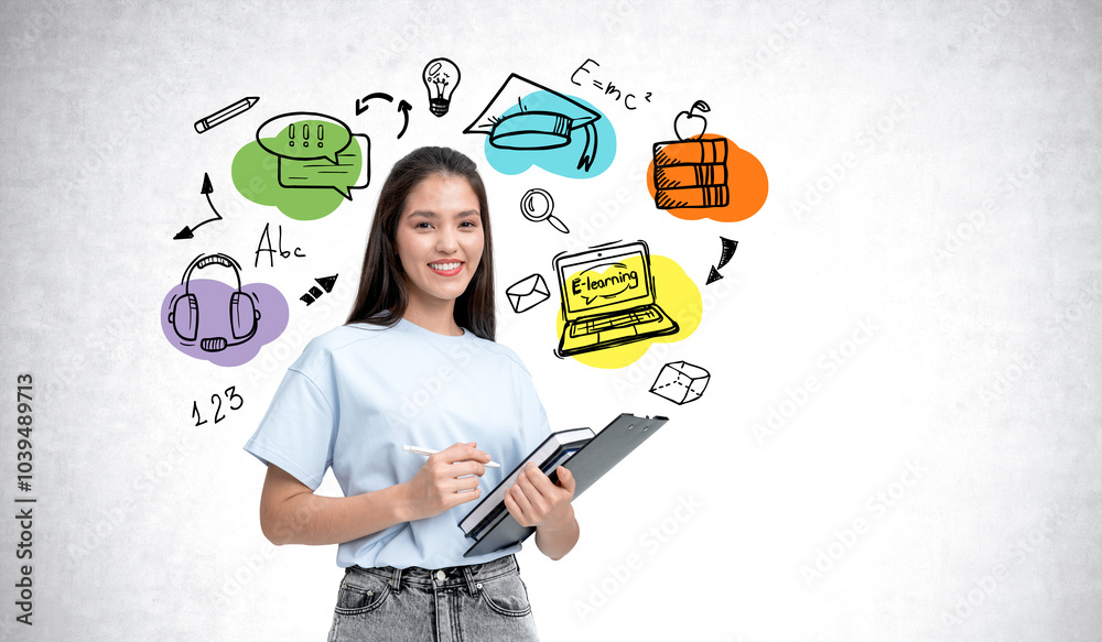 Young student with study materials and education icons in backgr Young student with study materials and education icons in backgr