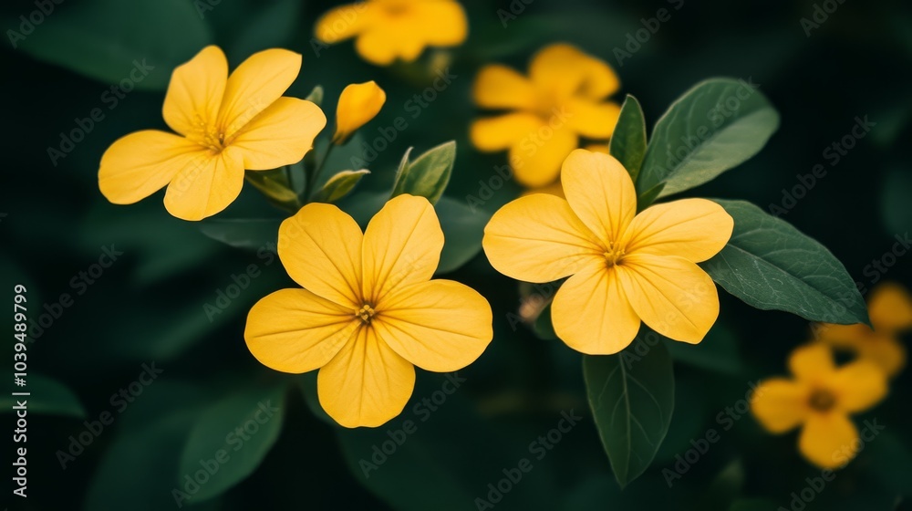 A group of yellow flowers, each topped with green leaves and surrounded by more leaves at the base A group of yellow flowers, each topped with green leaves and surrounded by more leaves at the base