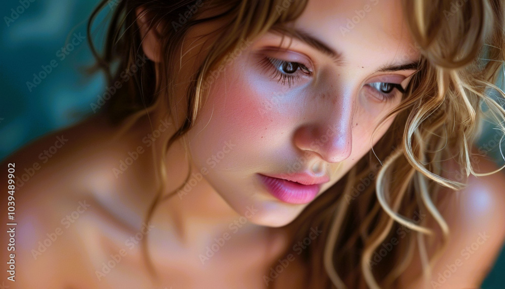 Curly brunette model with striking eyes and flawless skin, captured in a close-up portrait Curly brunette model with striking eyes and flawless skin, captured in a close-up portrait