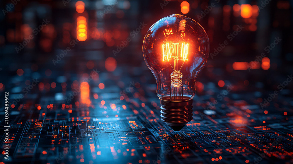 glowing lightbulb hovers over digital circuit board, symbolizing innovation and technology. warm light contrasts with cool, intricate patterns of board, creating futuristic ambiance glowing lightbulb hovers over digital circuit board, symbolizing innovation and technology. warm light contrasts with cool, intricate patterns of board, creating futuristic ambiance