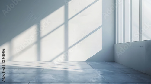 Sunlight streams through a large window, casting geometric shadows on the white wall of a minimalist room.