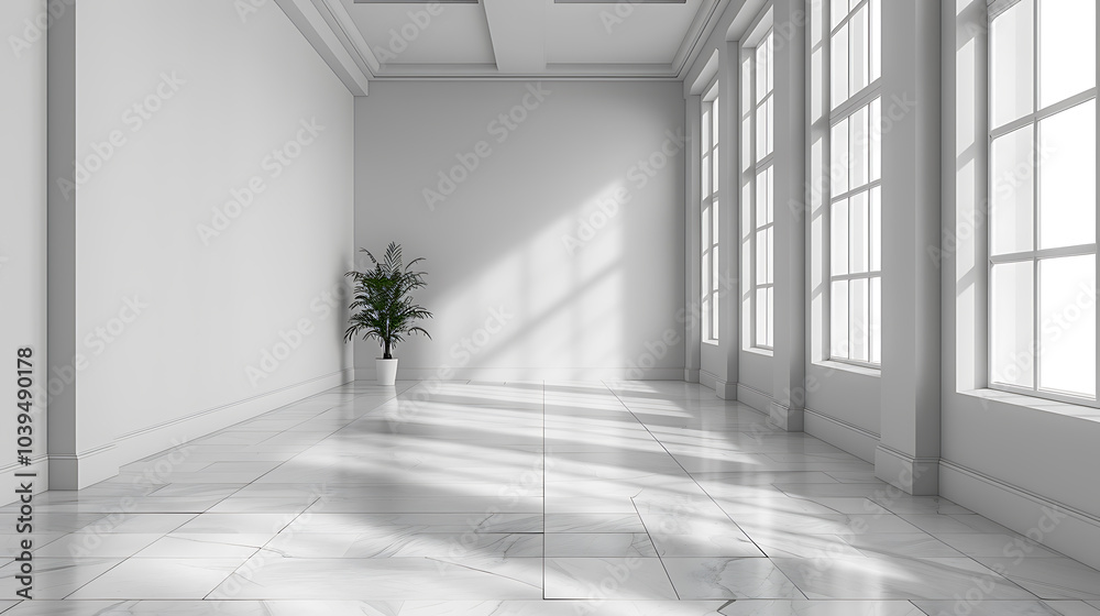 Fototapeta premium A minimalist room with white walls and a marble floor. Sunlight streams through the windows, casting long shadows on the floor. A small plant adds a touch of green to the otherwise stark space.