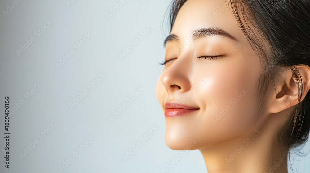 Dreamy side profile of a woman with flawless glowing skin Dreamy side profile of a woman with flawless glowing skin