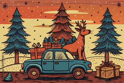 Festive Christmas Delivery: Vintage Truck, Gifts, Reindeer, and Pines against Sunset Sky