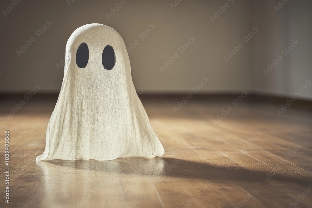 Simple ghost figure standing in an empty dimly lit room evoking a spooky eerie atmosphere with soft lighting and minimalist surreal details Simple ghost figure standing in an empty dimly lit room evoking a spooky eerie atmosphere with soft lighting and minimalist surreal details