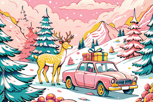 Magical Winter Wonderland Scene with Gifts and Reindeer