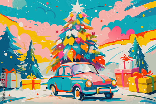 Vibrant Winter Holiday Scene with Carrying Car and Christmas Tree
