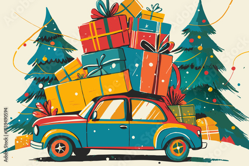 Wallpaper Mural Festive Season Car Piled High with Colorful Gift Boxes and Christmas Trees Torontodigital.ca