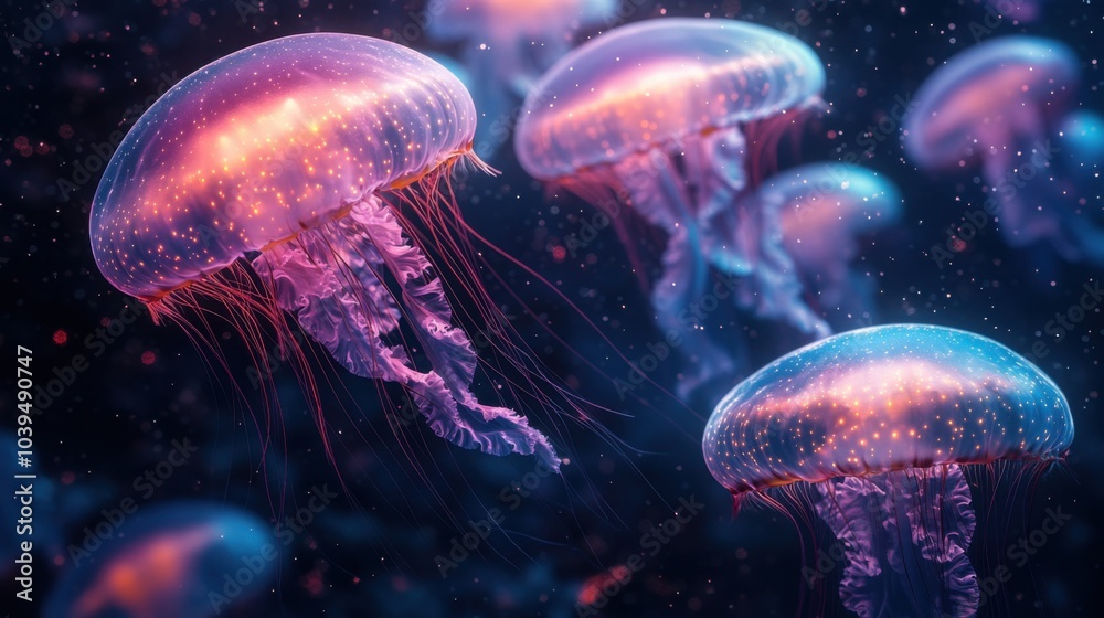 Naklejka premium Ethereal jellyfish floating in a vibrant underwater scene.