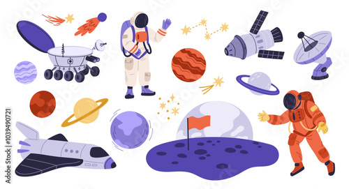 Space exploration elements. Universe adventures objects. Moon rover. Astronomer scientists in spacesuits. Satellite and rockets. Galaxy planets discovery. Cosmic shuttle. Garish vector set