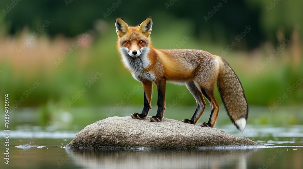 Obraz premium Beautiful red fox standing on a few stones over the water surface. Very focused on its prey. Pure natural wildlife photo. Ready to hunt.