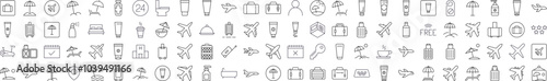 Travel Related Icon Set. Contains Icons of Sunscreen, Umbrella, Baggage, Fitness, Plane for Banners, Infographics, Books, Articles and Other Types of Design