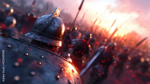 Warrior helmet in fiery battle scene