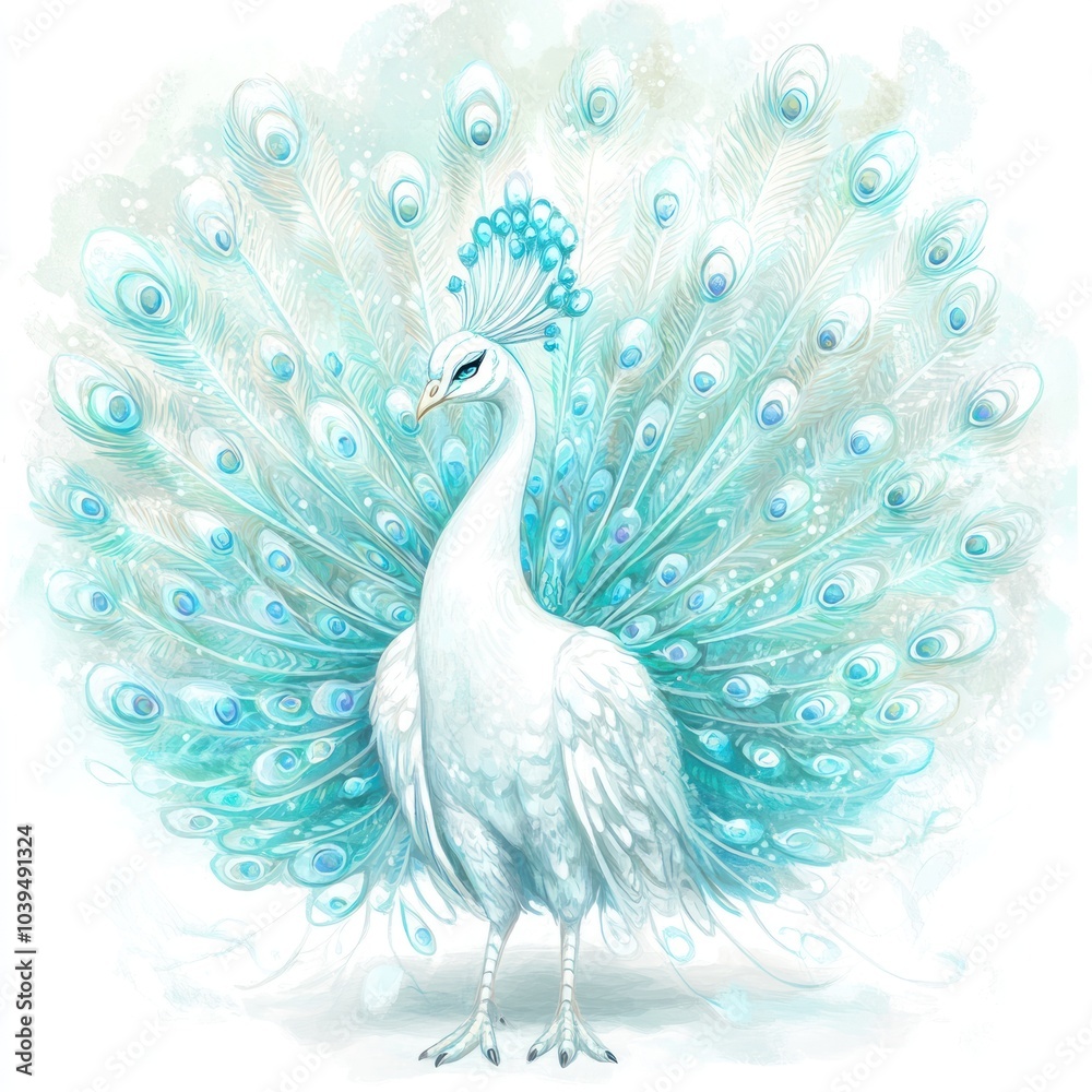 Fototapeta premium A beautifully illustrated white peacock with vibrant blue and green feathers.