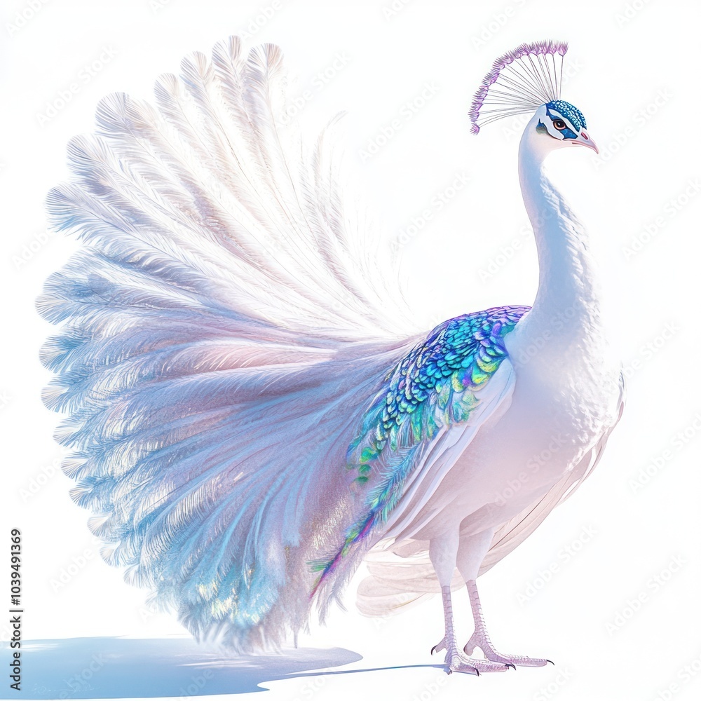 Obraz premium A majestic white peacock displaying its vibrant plumage in an artistic representation.