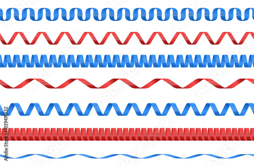 Seamless serpentine borders. Festive ribbons. Curved lines. Holiday decorations. Confetti spirals. Anniversary strings. Birthday accessories. Festive and events design elements vector set