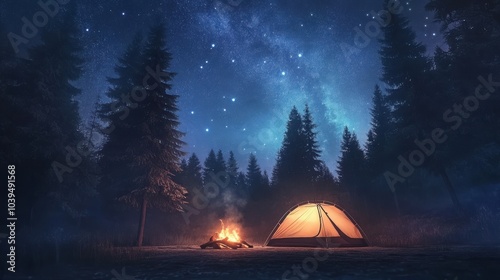 Cozy Tent Setup in the Starry Forest Night