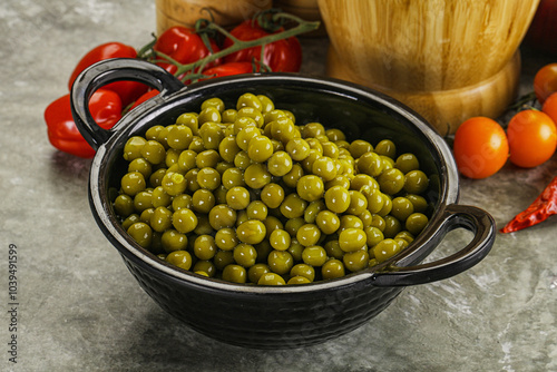 Sweet canned young green peas