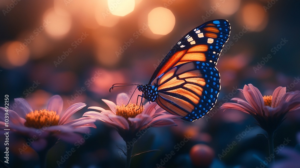 A monarch butterfly with orange and black wings rests on a pink flower, surrounded by other pink flowers, during a golden hour sunset. A monarch butterfly with orange and black wings rests on a pink flower, surrounded by other pink flowers, during a golden hour sunset.